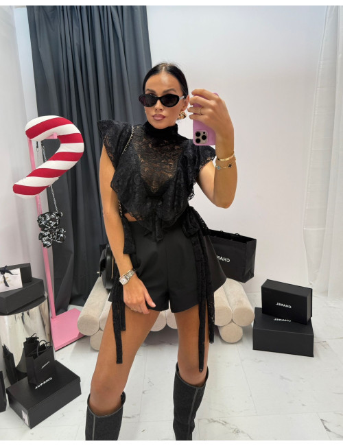 Spitzenbluse Paris mit Bindung – Schwarz