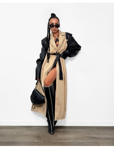 LANGE TRENCHCOAT MIT ECO-LEDER – BEIGE