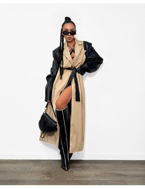 LANGE TRENCHCOAT MIT ECO-LEDER – BEIGE