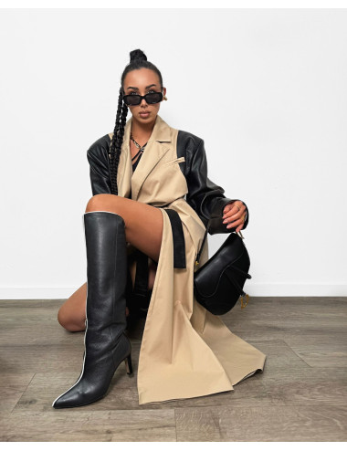 LANGE TRENCHCOAT MIT ECO-LEDER – BEIGE