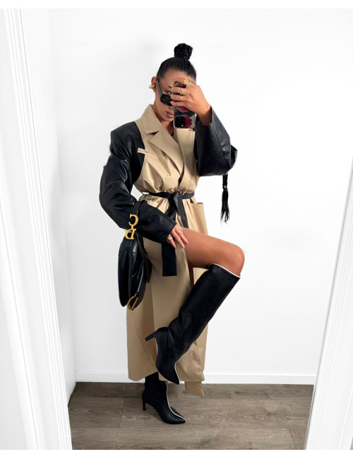 LANGE TRENCHCOAT MIT ECO-LEDER – BEIGE