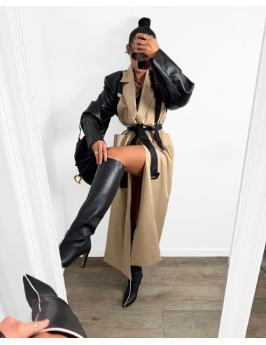 LANGE TRENCHCOAT MIT ECO-LEDER – BEIGE