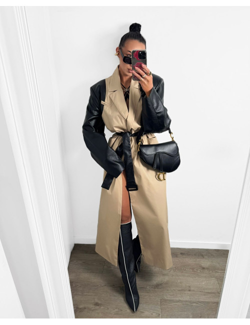 LANGE TRENCHCOAT MIT ECO-LEDER – BEIGE