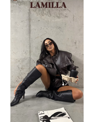 LA MILLA Premium-Bomberjacke im Leder-Look – Cropped Fit, Schokoladenbraun