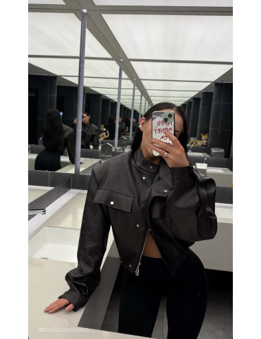 LA MILLA Premium-Bomberjacke im Leder-Look – Cropped Fit, Schokoladenbraun