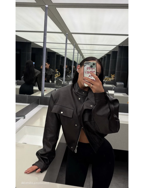 LA MILLA Premium-Bomberjacke im Leder-Look – Cropped Fit, Schokoladenbraun